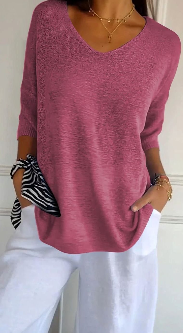 Women's Longline Loose Fit V-Neck Knit Tunic Top - Pink Red