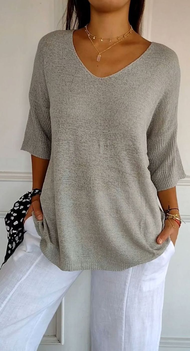 Women's Longline Loose Fit V-Neck Knit Tunic Top - Grey