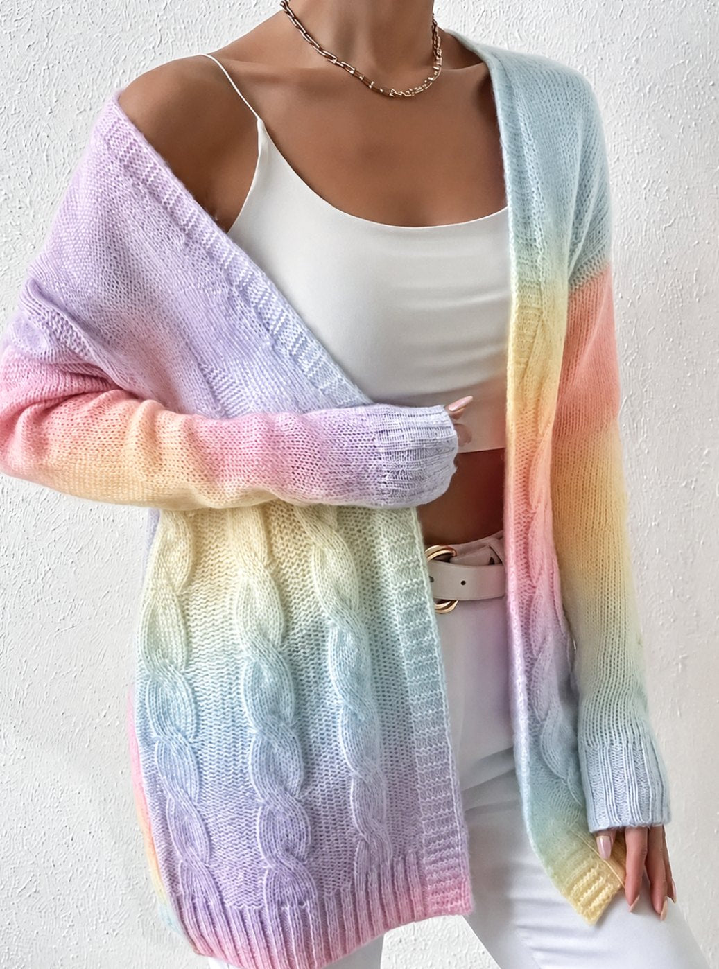Women's Longline Open-Front Cable Knit Cardigan - Light Purple