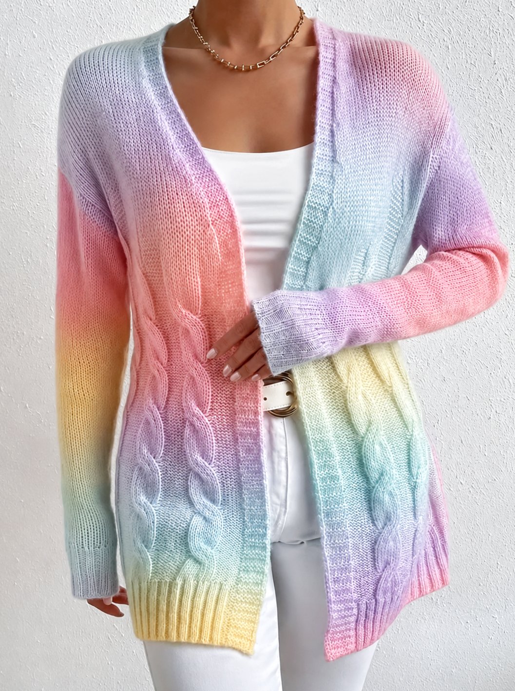 Women's Longline Open-Front Cable Knit Cardigan