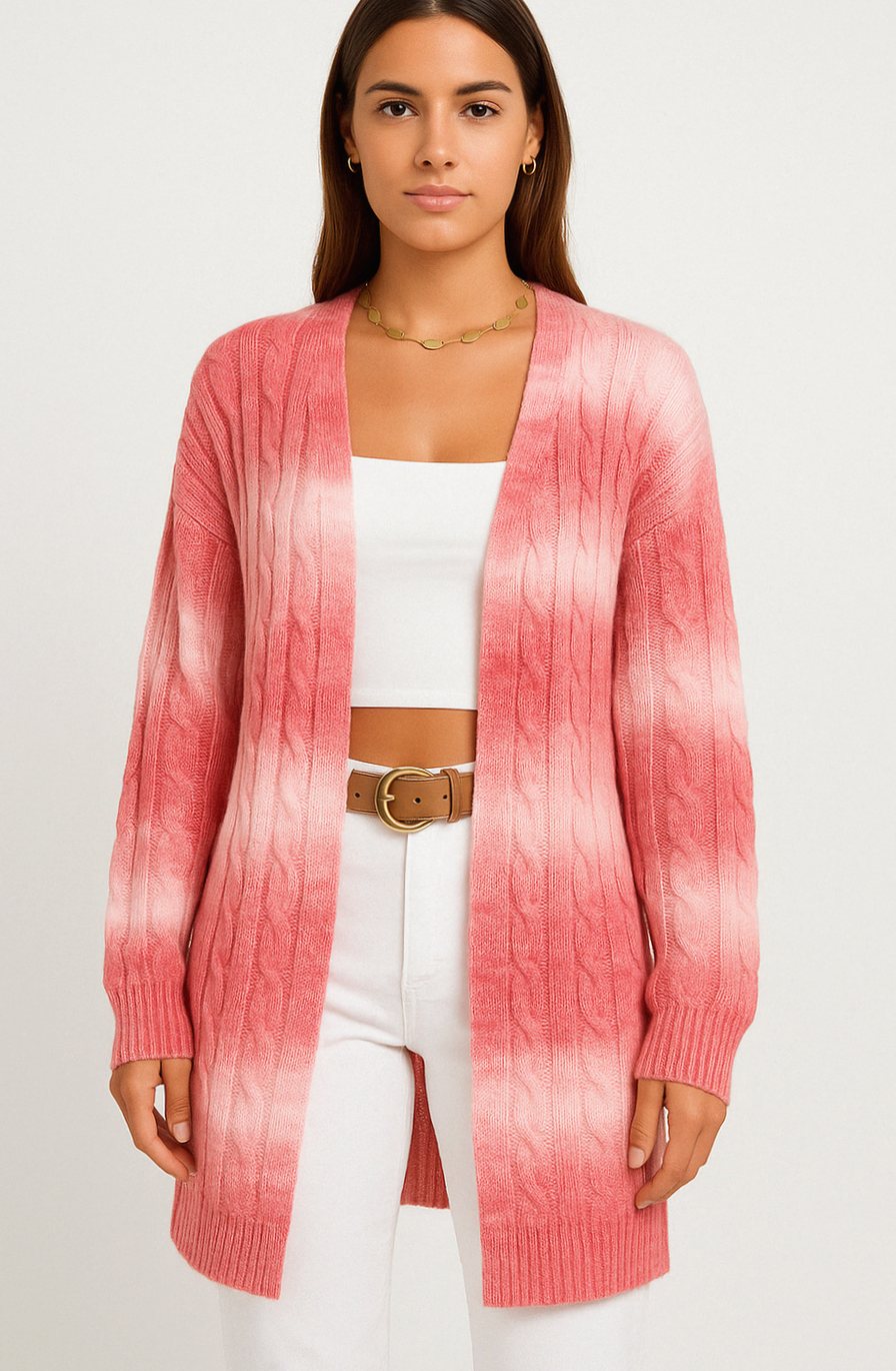 Women's Longline Open-Front Cable Knit Cardigan - Pink