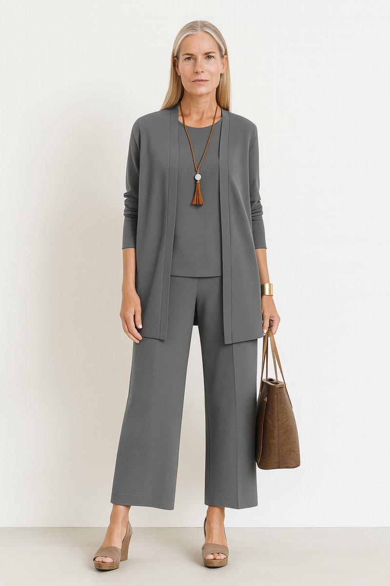 Women's Longline Open-Front Cardigan Wide-Leg Trouser 3-Piece Set - Grau