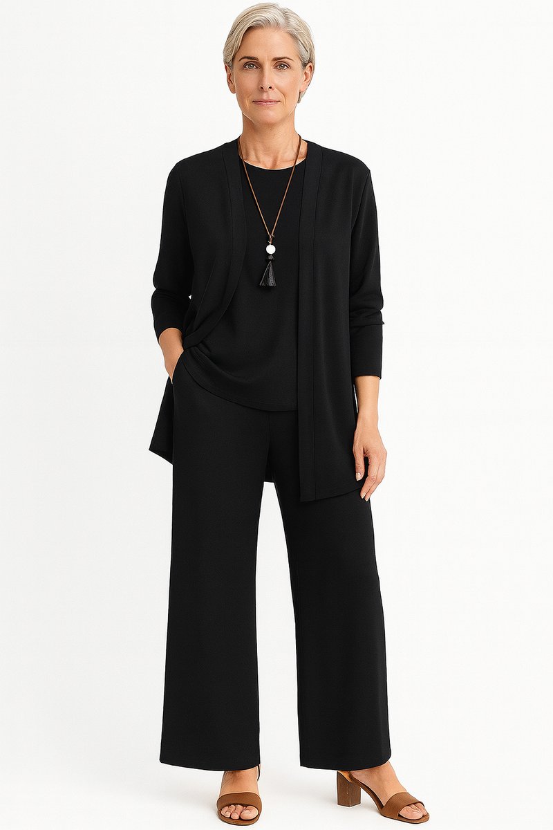 Women's Longline Open-Front Cardigan Wide-Leg Trouser 3-Piece Set - Schwarz