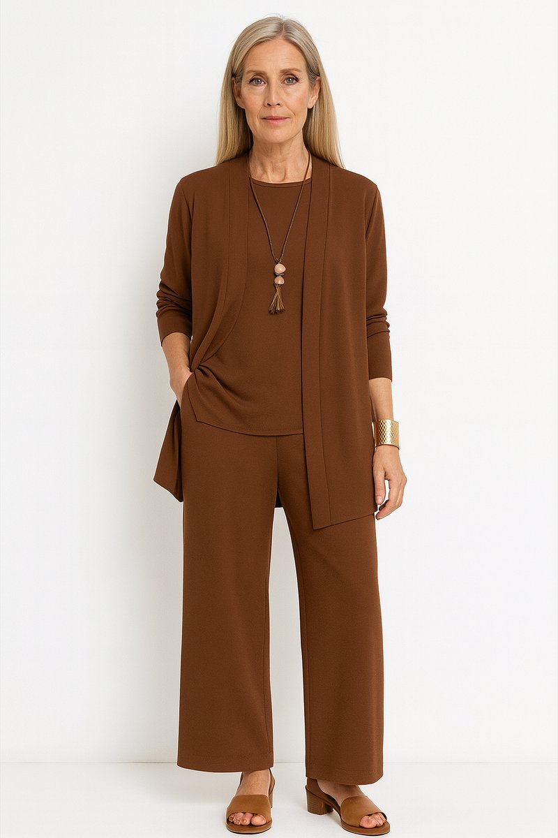 Women's Longline Open-Front Cardigan Wide-Leg Trouser 3-Piece Set - Braun