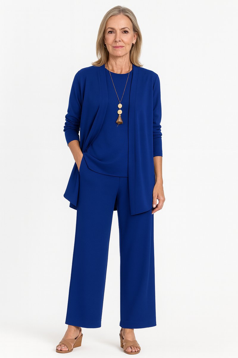 Women's Longline Open-Front Cardigan Wide-Leg Trouser 3-Piece Set - Blau