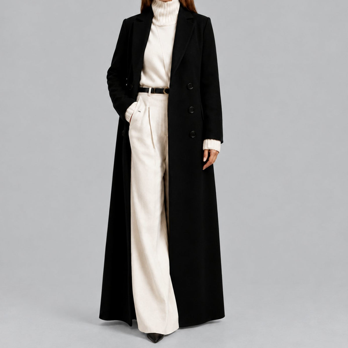Women's Longline Warm Double Breasted Wool Coat - Black