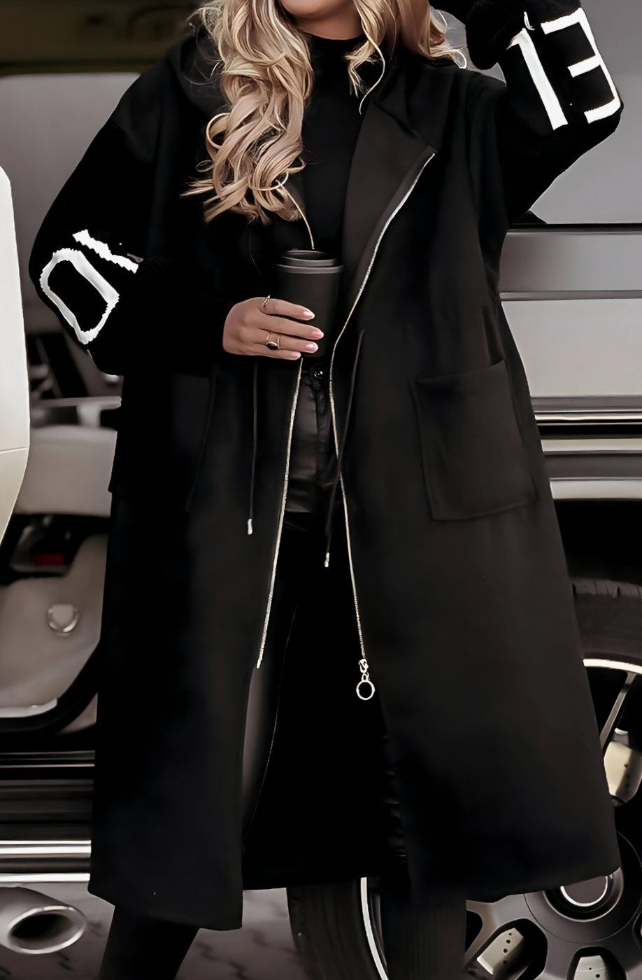 Women's Longline Zip-Up Hooded Wool Coat Knit Sleeve - Black