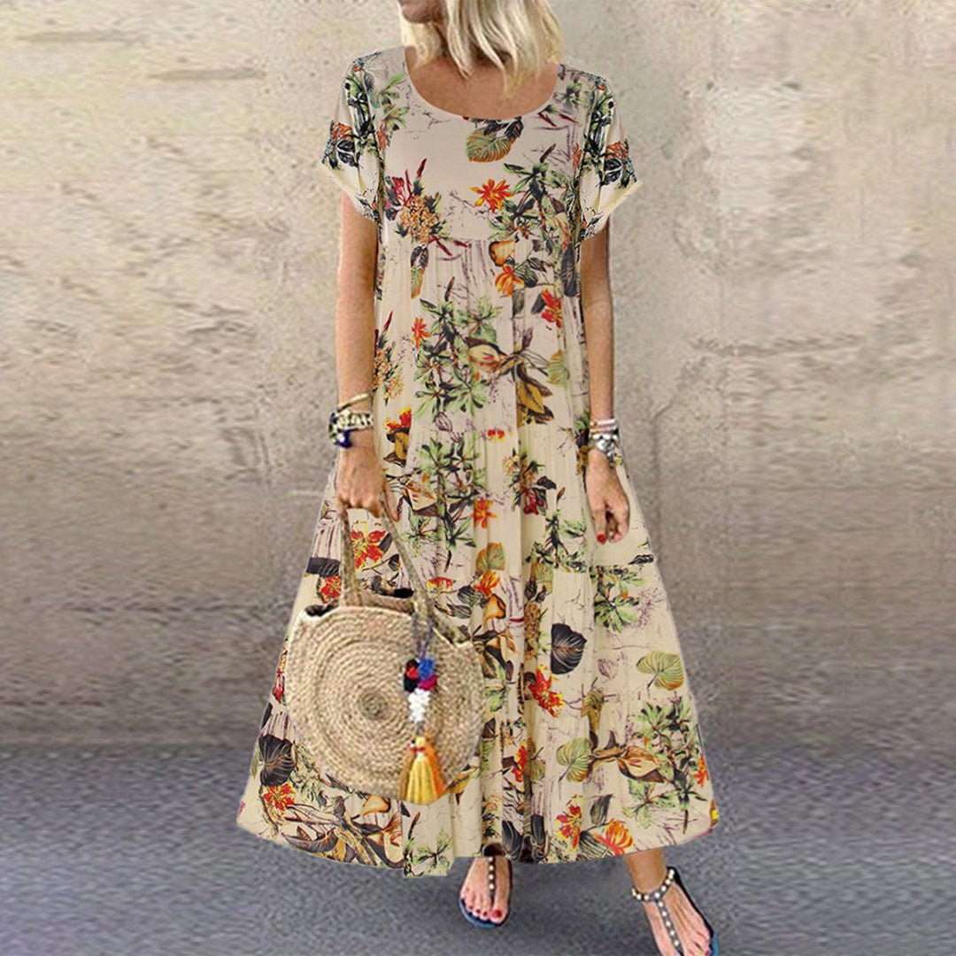 Women's Loose-Fit Floral Print Short Sleeve Maxi Dress - Orange