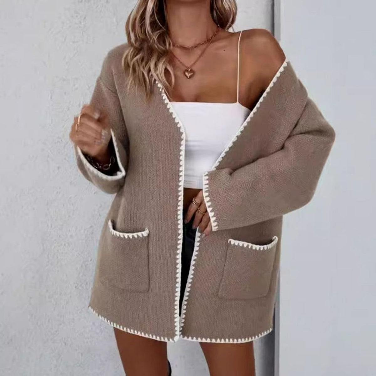 Women's Loose Fit Open Front Knit Cardigan Contrast Trim - Camel