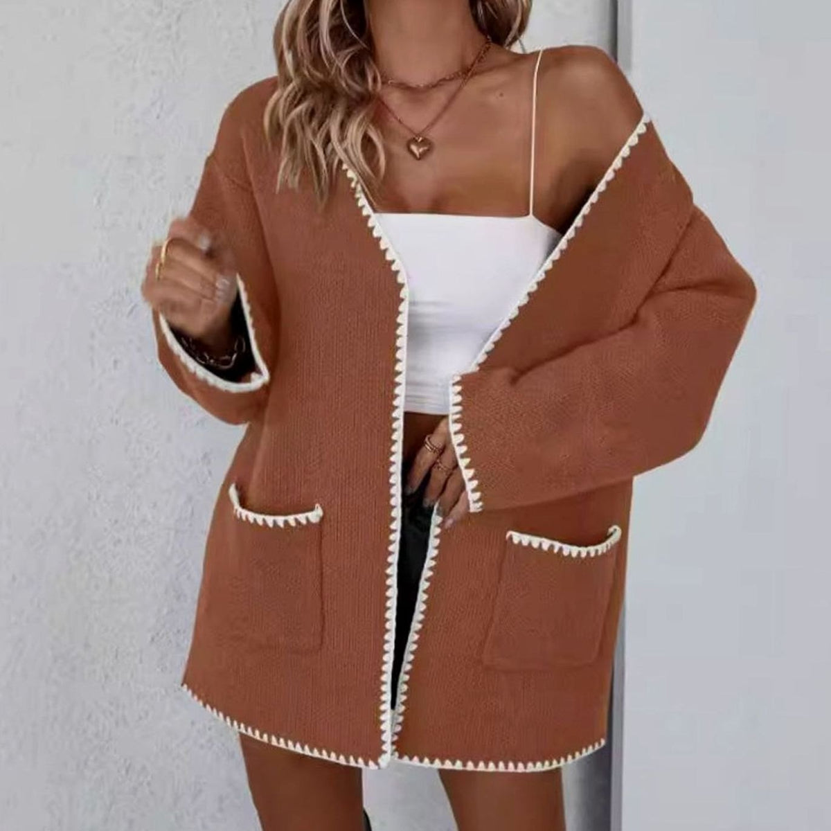 Women's Loose Fit Open Front Knit Cardigan Contrast Trim - Caramel