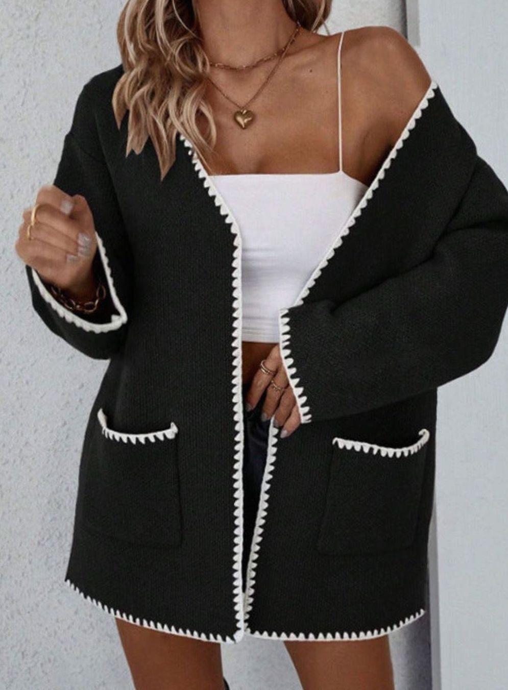 Women's Loose Fit Open Front Knit Cardigan Contrast Trim - Black