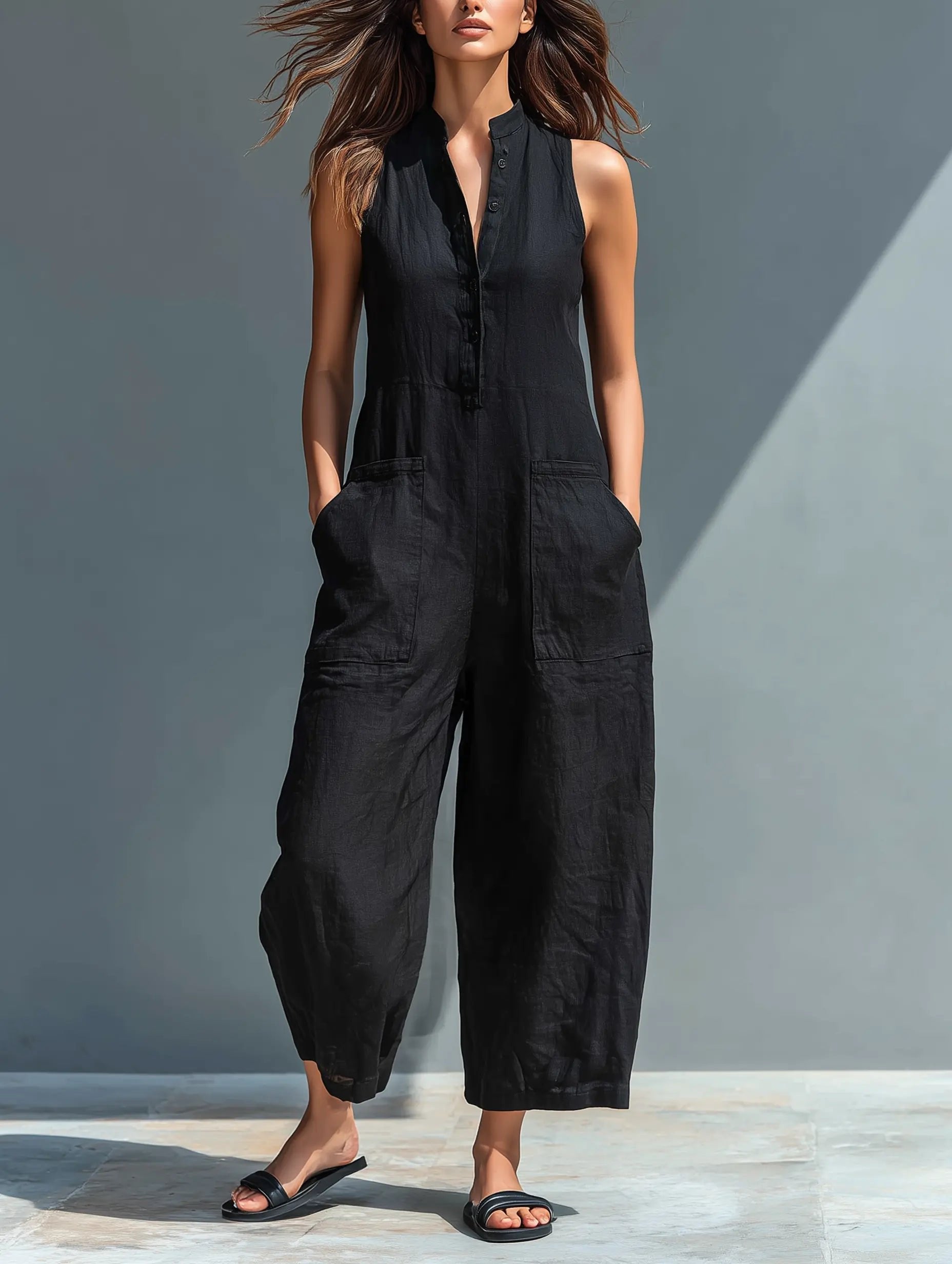 Women's Loose-Fit Sleeveless Linen Blend Button-Up Jumpsuit - Black
