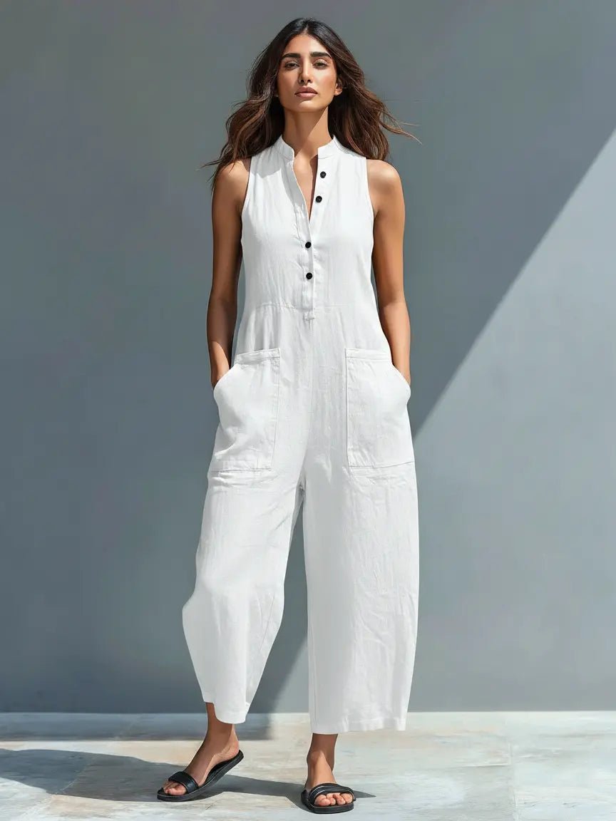 Women's Loose-Fit Sleeveless Linen Blend Button-Up Jumpsuit - White