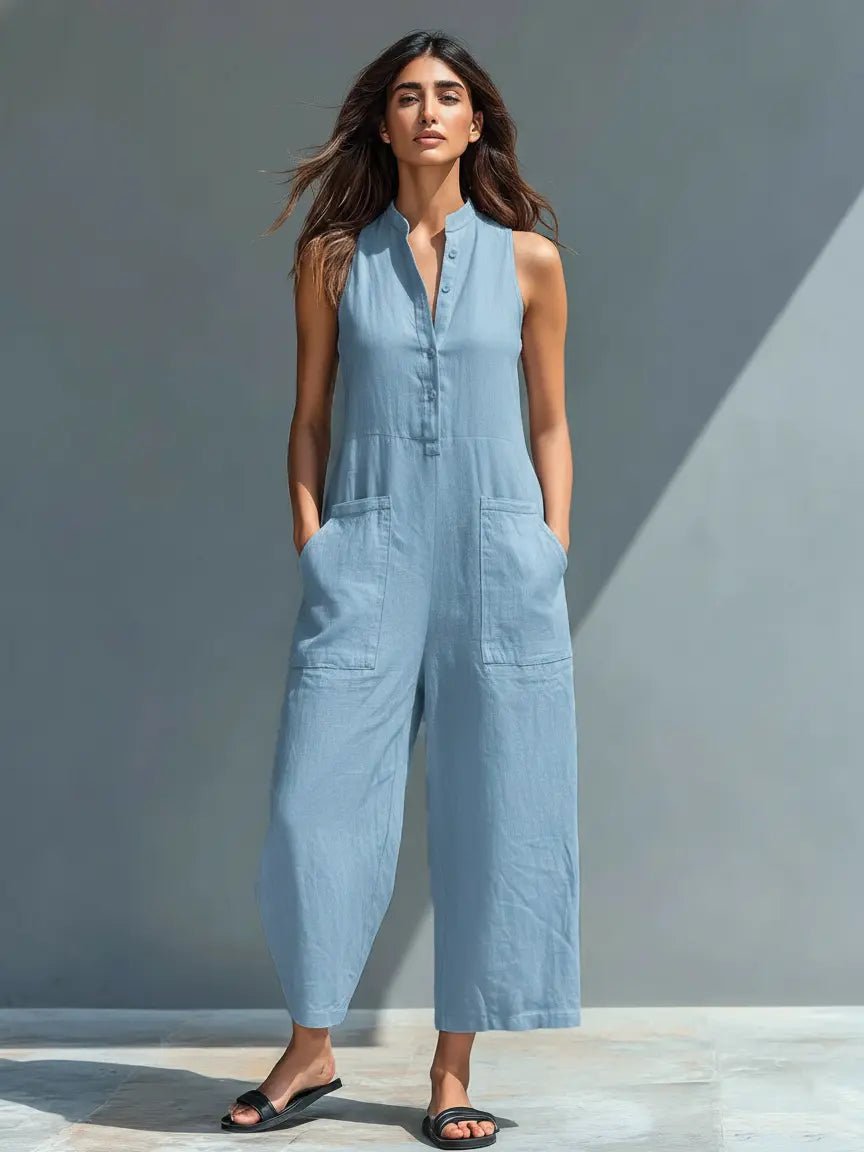 Women's Loose-Fit Sleeveless Linen Blend Button-Up Jumpsuit - Blue