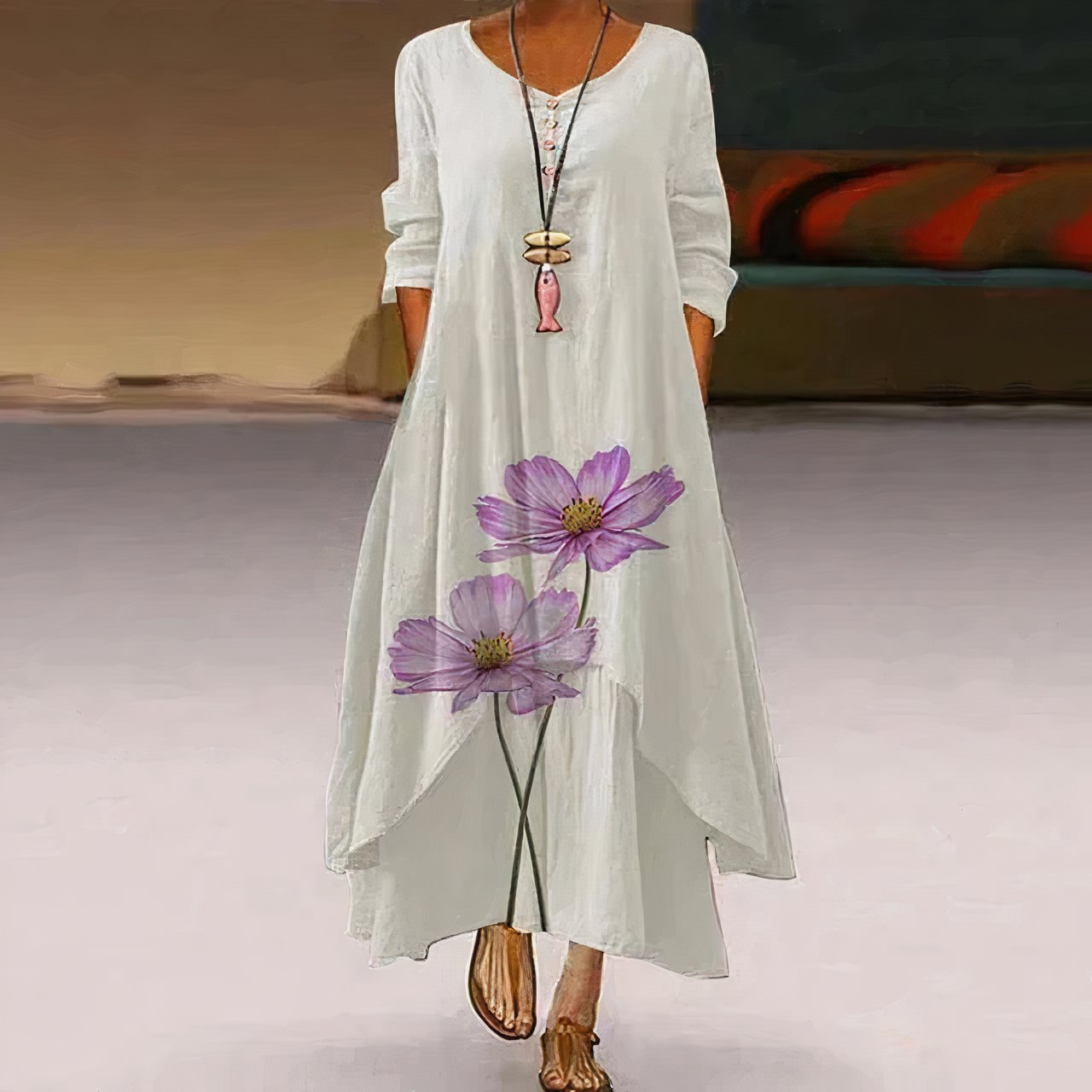 Women's Loose Floral Hem Long Sleeve Round Neck Maxi Dress - White 3