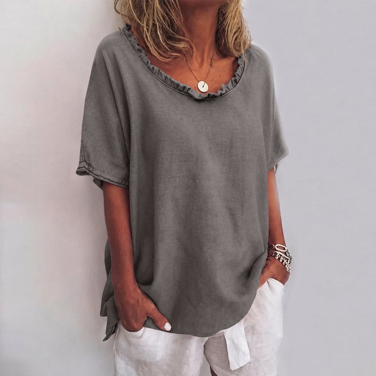 Women's Loose Relaxed-Fit Frill-Neck Short-Sleeve Blouse - Dark Gray