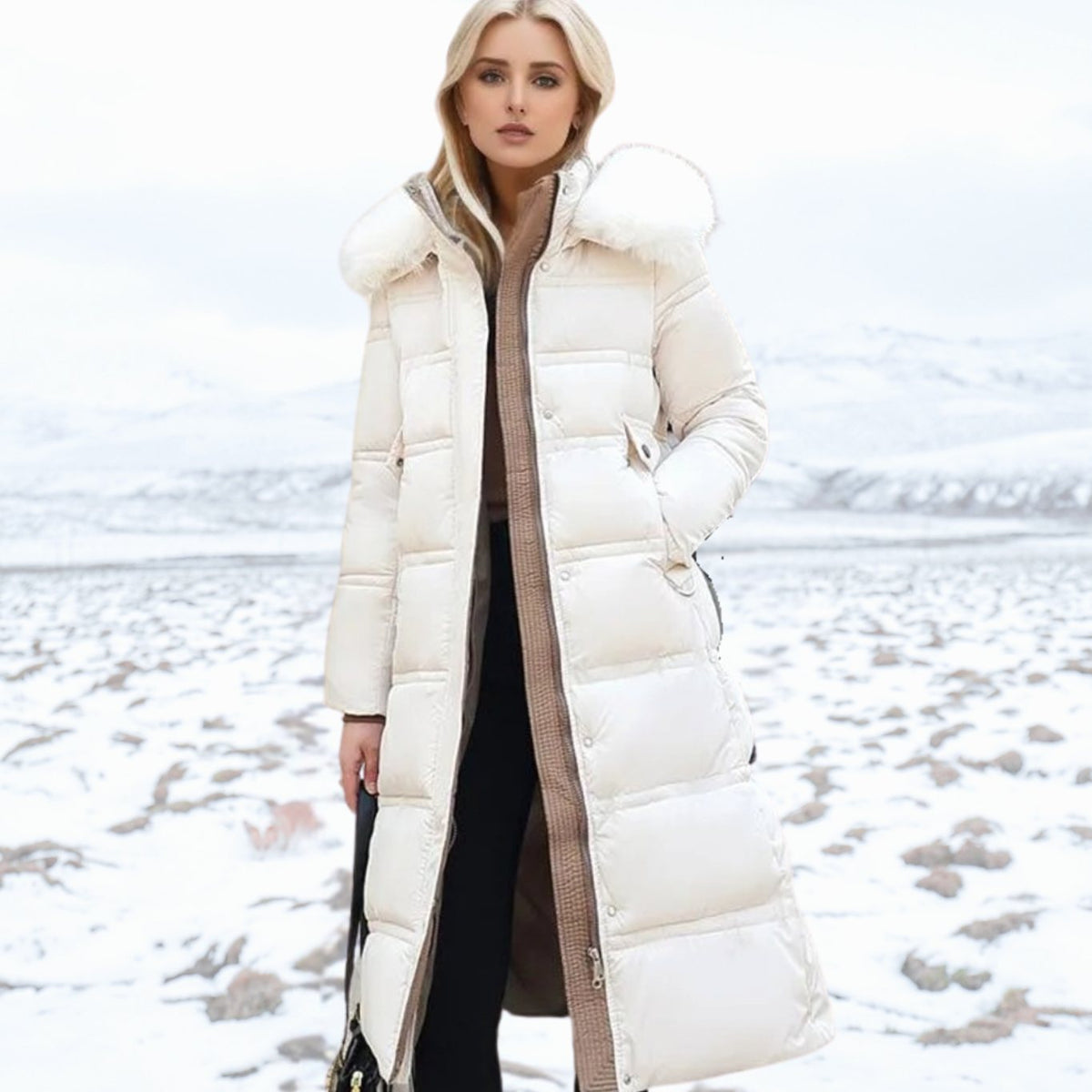 Women's Luxury Fur-Hood Long Puffer Winter Parka - White