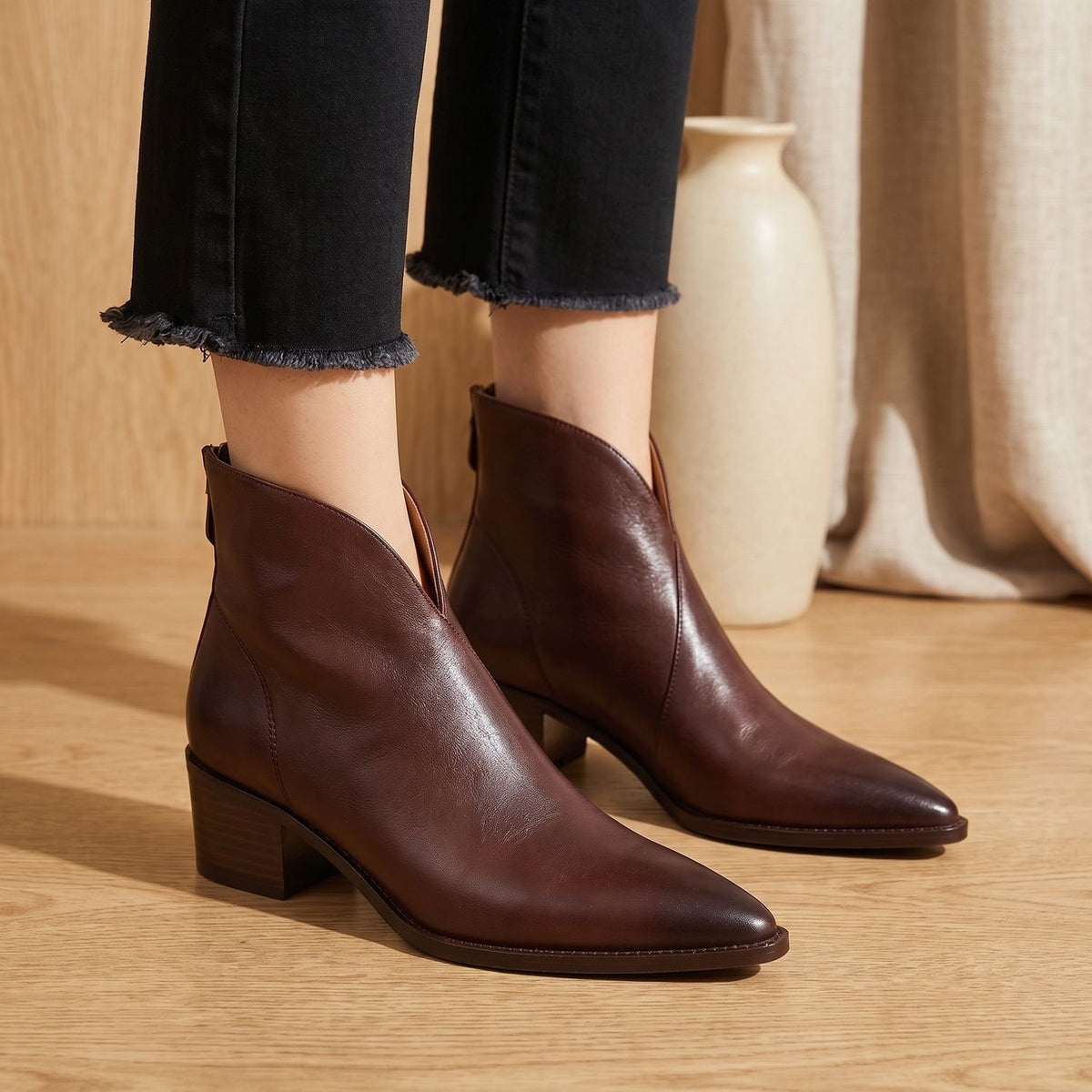 Women's Luxury Pointed-Toe Block-Heel Ankle Boots - Brown