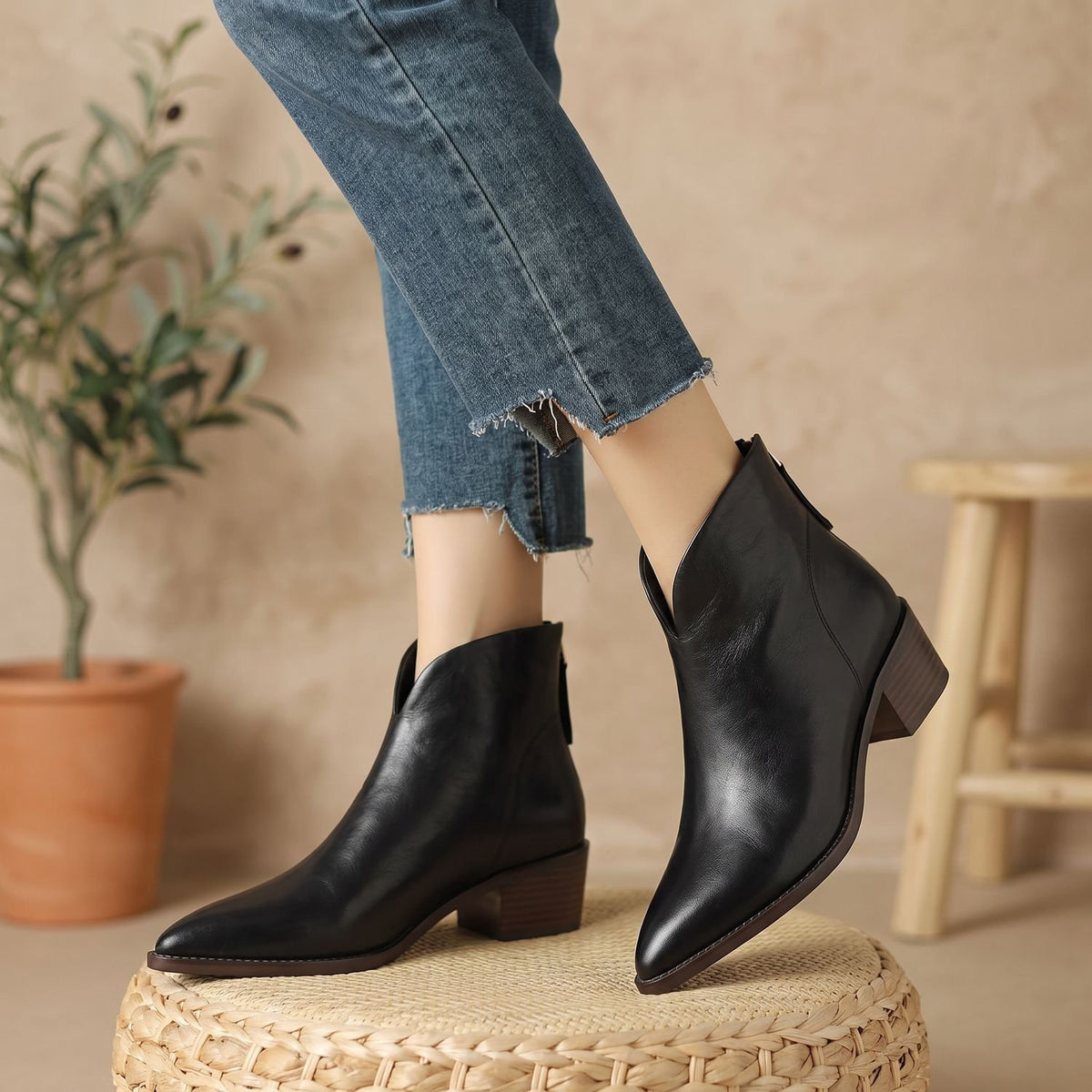 Women's Luxury Pointed-Toe Block-Heel Ankle Boots