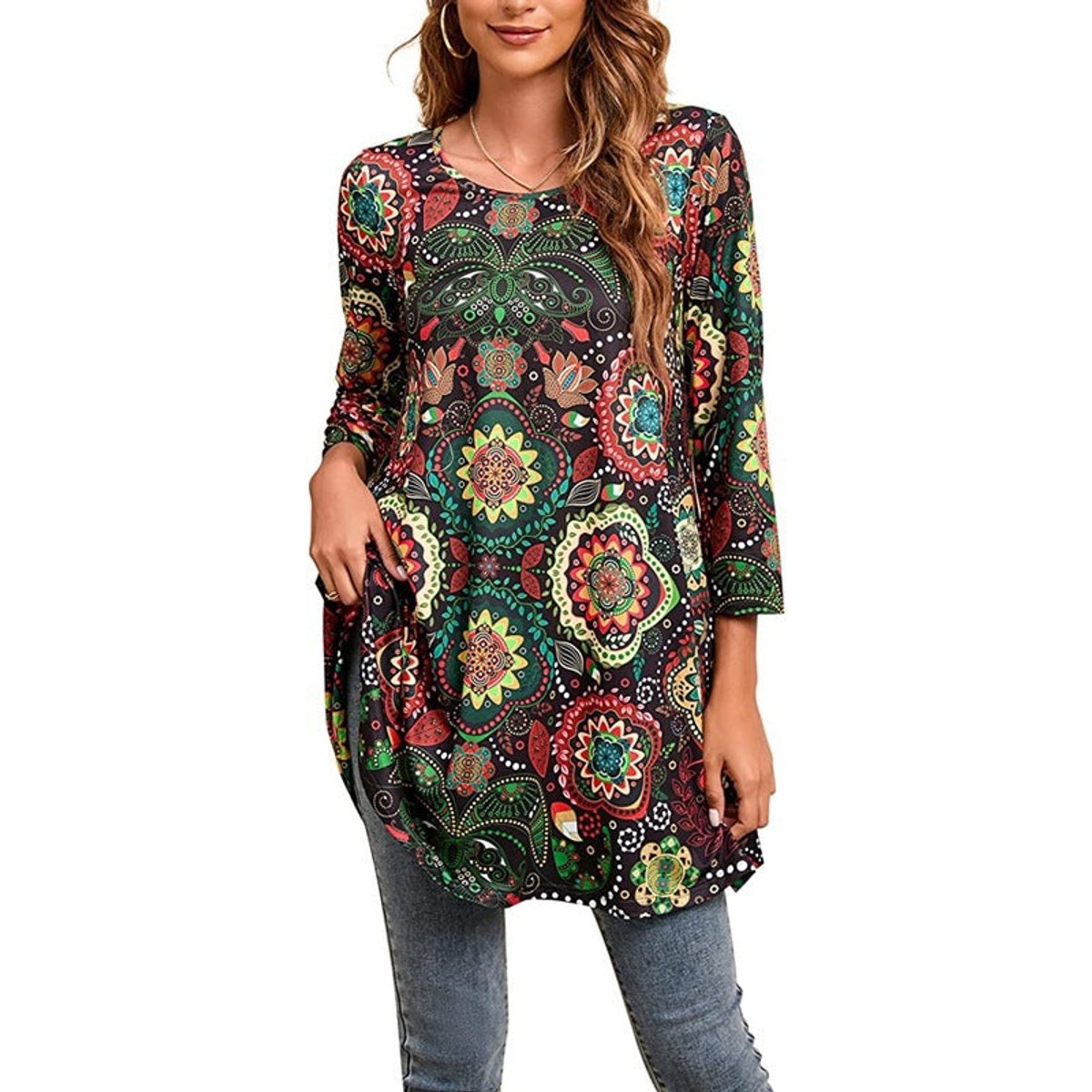 Women's Mandala Print 3/4 Sleeve Swing Tunic Top - A16