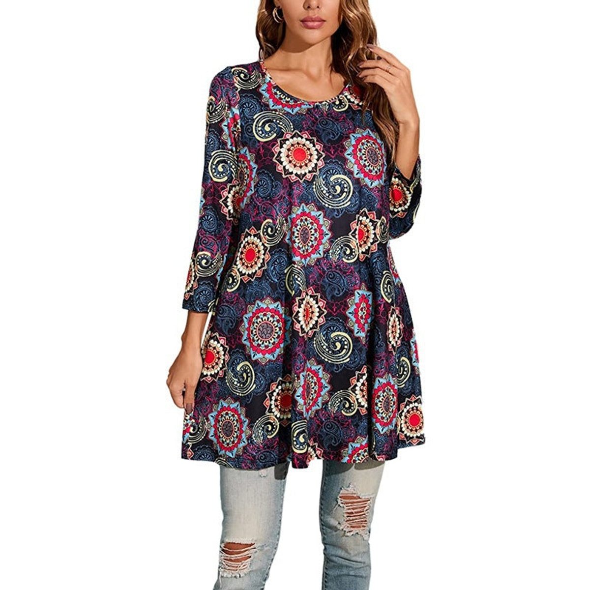 Women's Mandala Print 3/4 Sleeve Swing Tunic Top - Grau