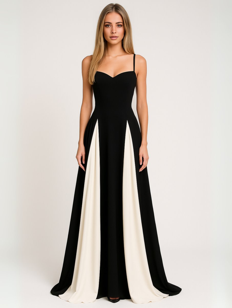 Womens Maxi Dress Contrast Panel Sweetheart Formal Gown - Black