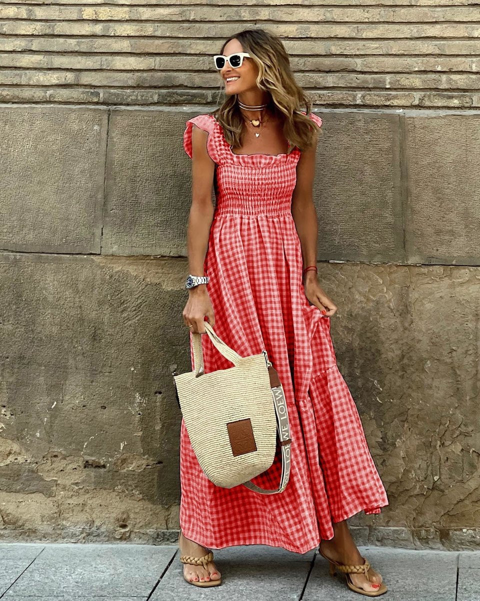 Womens Maxi Dress Gingham Smocked Waist Ruffle Cap Sleeve - Red