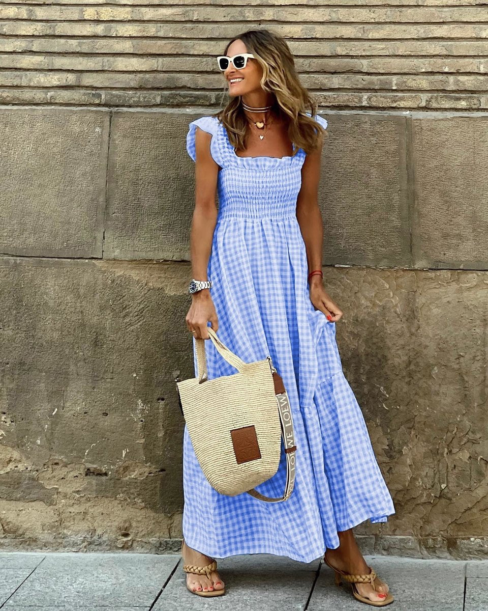 Womens Maxi Dress Gingham Smocked Waist Ruffle Cap Sleeve - Blue