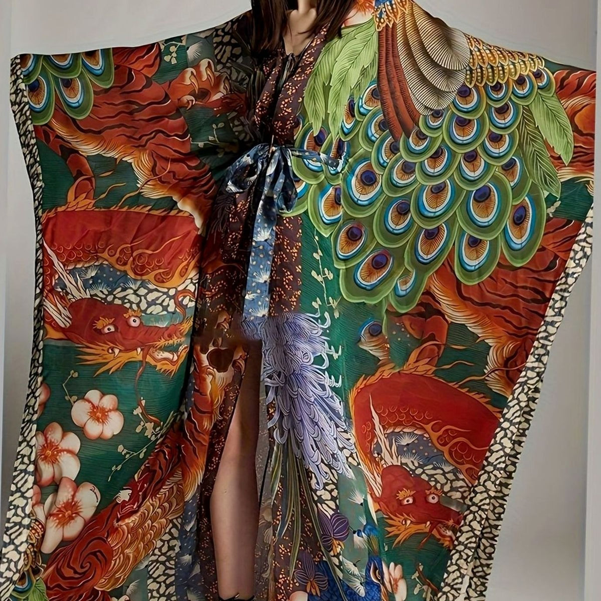 Women's Maxi Kimono Kaftan Batwing Oriental Collage Print - Multicolour