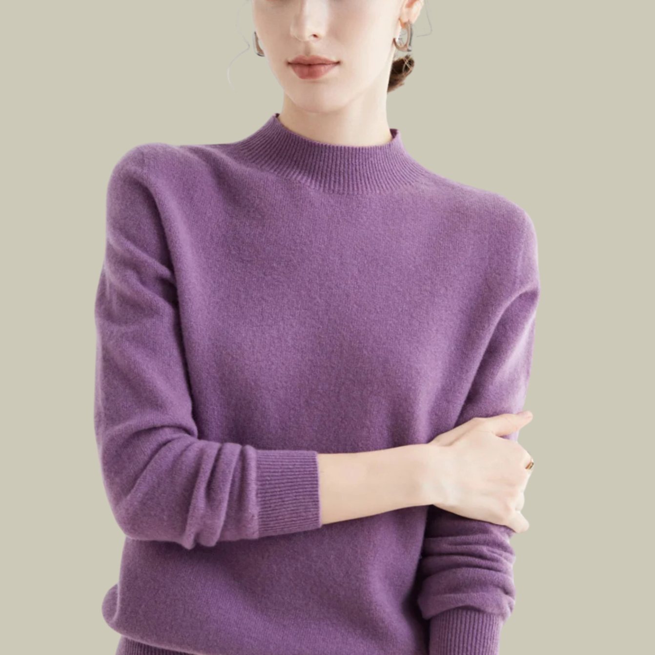 Women's Merino Wool Sweaters Mock Neck Relaxed Fit Knit Jumper - Purple