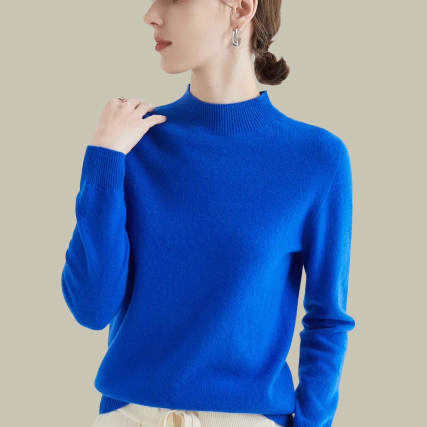 Women's Merino Wool Sweaters Mock Neck Relaxed Fit Knit Jumper - Blue