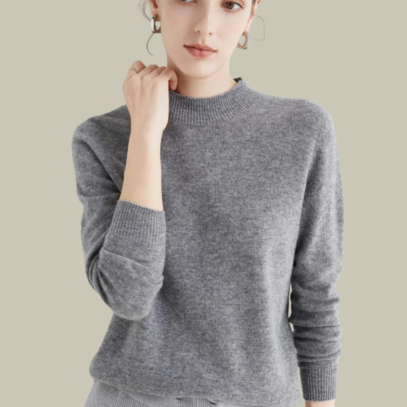 Women's Merino Wool Sweaters Mock Neck Relaxed Fit Knit Jumper - Grey