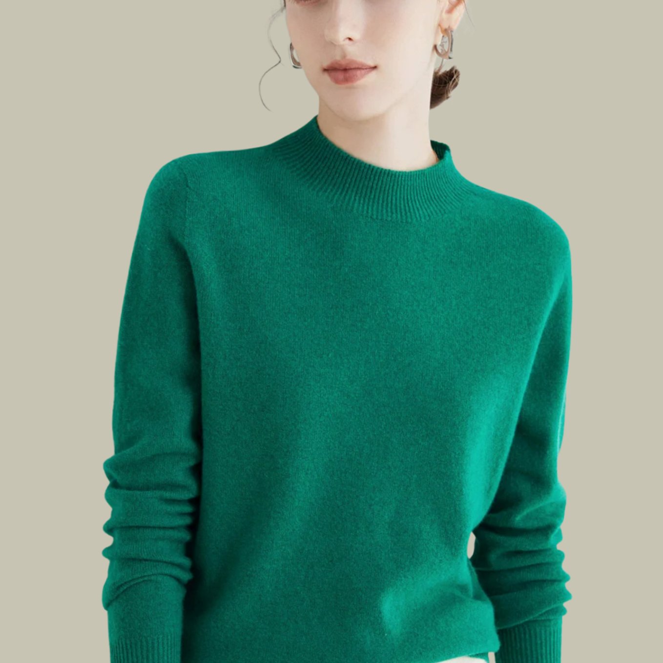 Women's Merino Wool Sweaters Mock Neck Relaxed Fit Knit Jumper - Jacquard Green