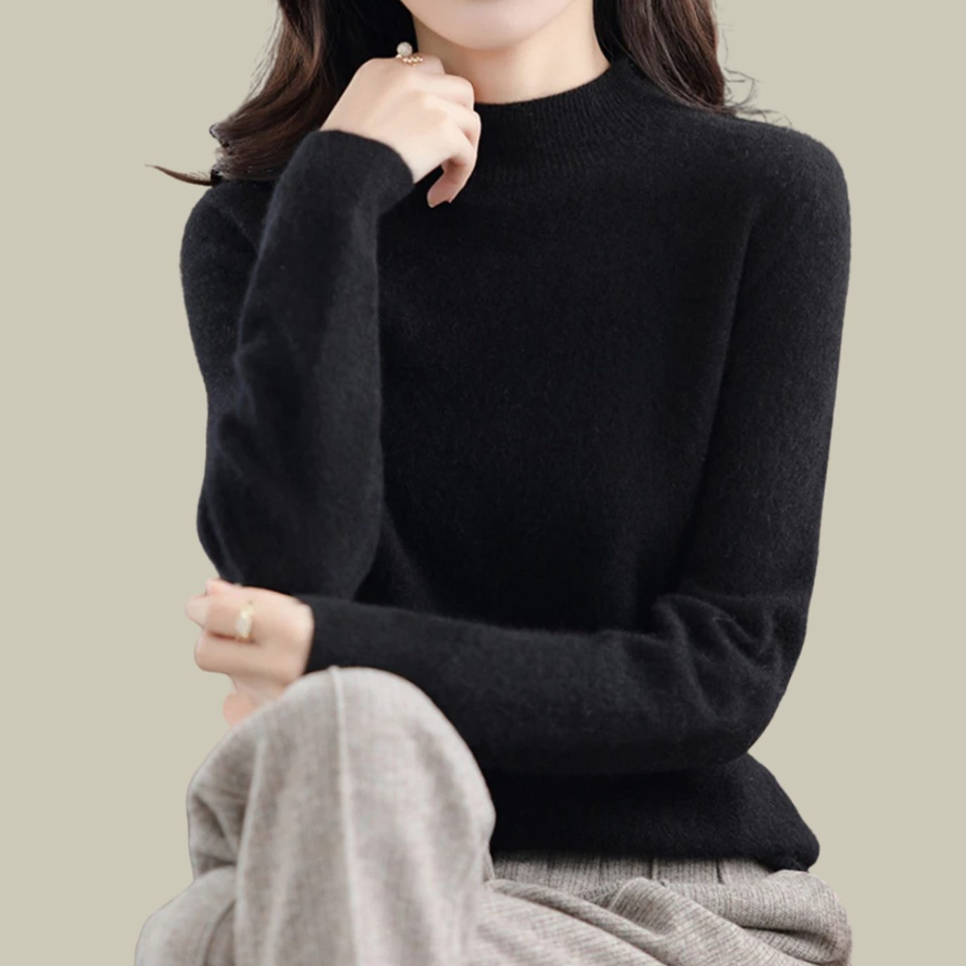 Women's Merino Wool Sweaters Mock Neck Relaxed Fit Knit Jumper - Black
