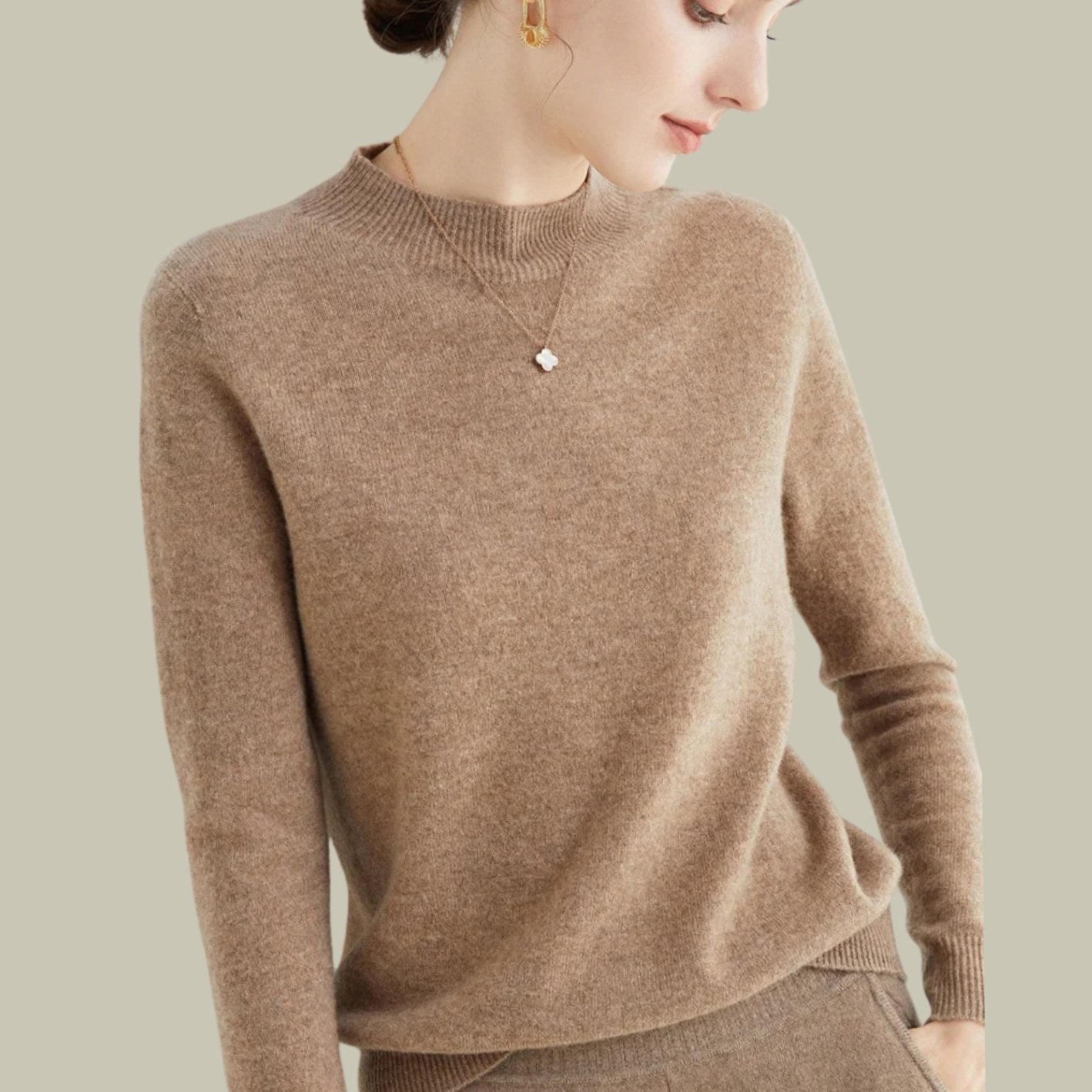 Women's Merino Wool Sweaters Mock Neck Relaxed Fit Knit Jumper - Light Tan