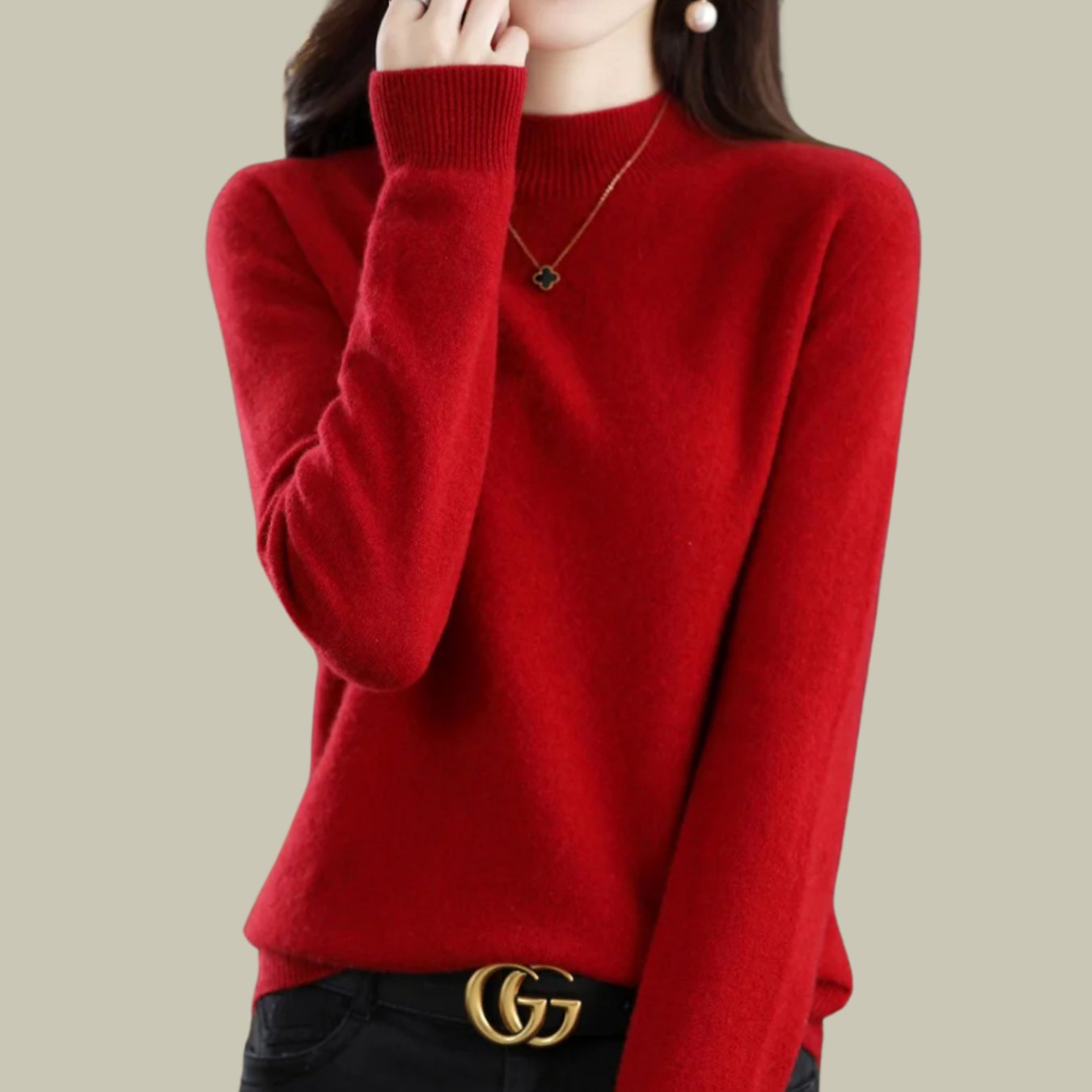 Women's Merino Wool Sweaters Mock Neck Relaxed Fit Knit Jumper - Wine Red