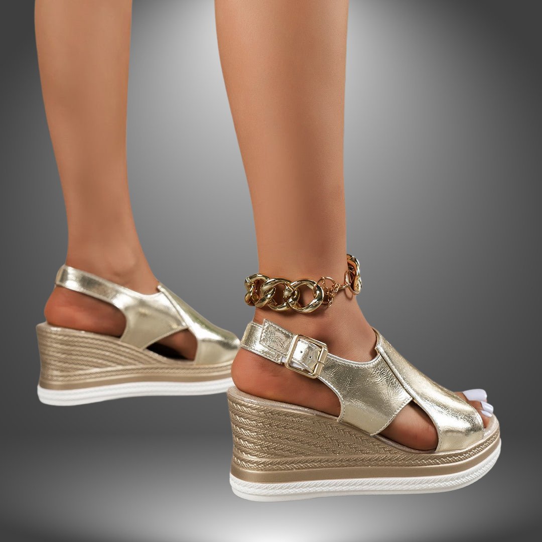 Women's Metallic Platform Wedge Open-Toe Buckle Sandals