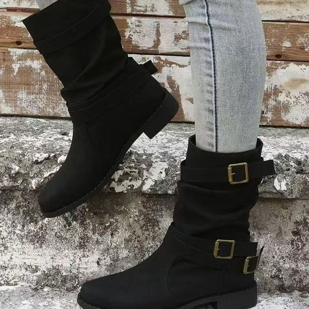 Women's Mid-Calf Slouch Boots Faux Leather Buckle Strap Block Heel