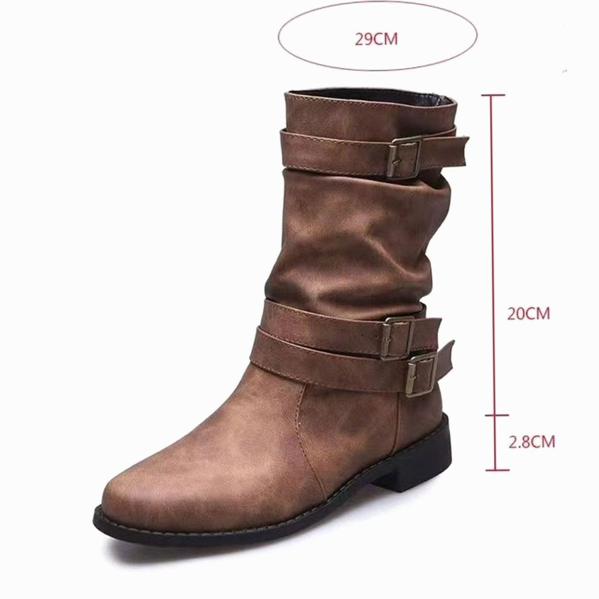 Women's Mid-Calf Slouch Boots Faux Leather Buckle Strap Block Heel
