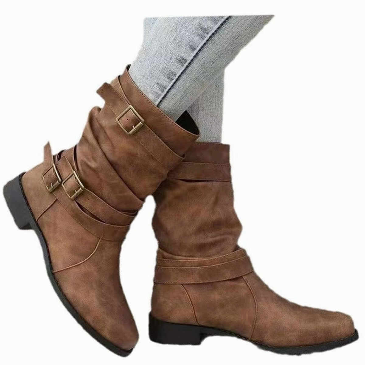 Women's Mid-Calf Slouch Boots Faux Leather Buckle Strap Block Heel