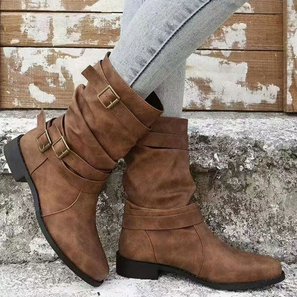 Women's Mid-Calf Slouch Boots Faux Leather Buckle Strap Block Heel - Dark Brown