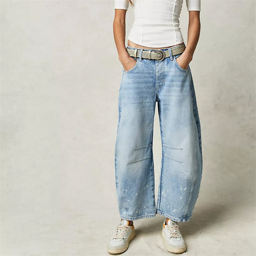 Women's Mid-Rise Cropped Barrel-Leg Wide-Fit Denim Jeans