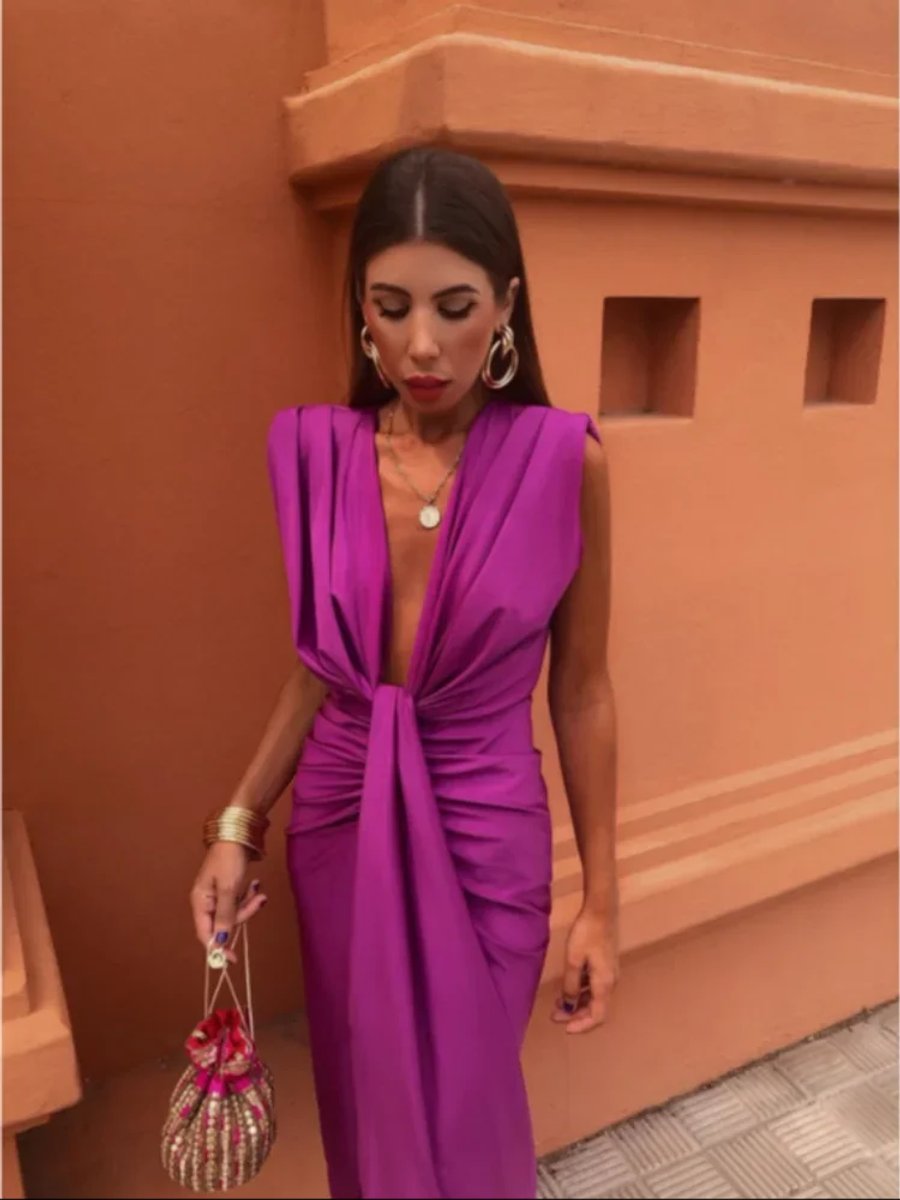 Womens Midi Dress Sleeveless Deep V-Neck Pleated High-Waist Split - Fuchsia