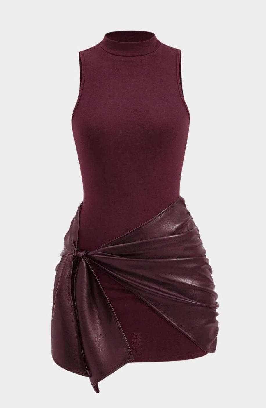 Women's Mock-Neck Faux Leather Tie-Front Sleeveless Mini Party Dress - Burgundy