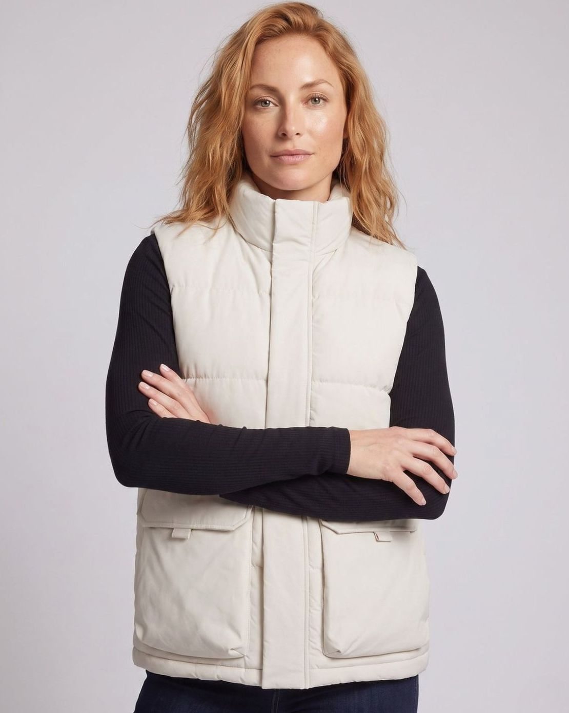 Women's Mock-Neck Quilted Puffer Vest Flap Pockets