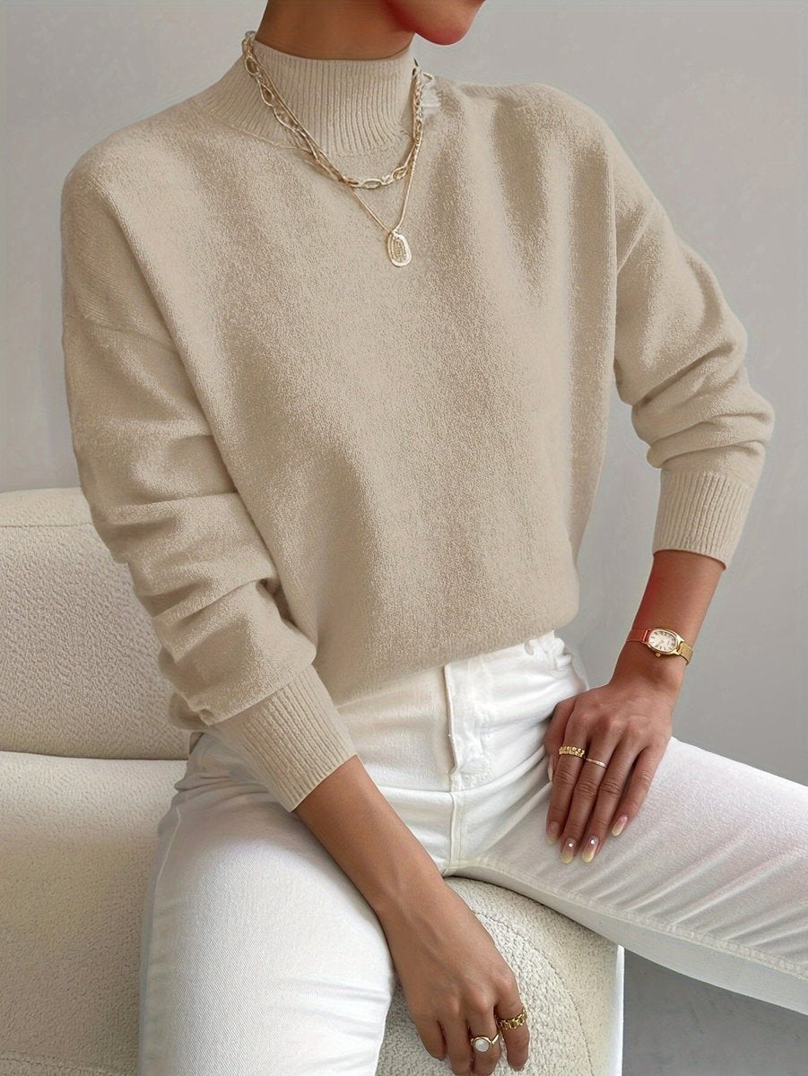 Women's Mock Turtleneck Relaxed-Fit Long-Sleeve Knit Sweater - Beige