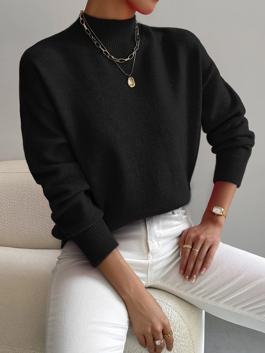Women's Mock Turtleneck Relaxed-Fit Long-Sleeve Knit Sweater - Black