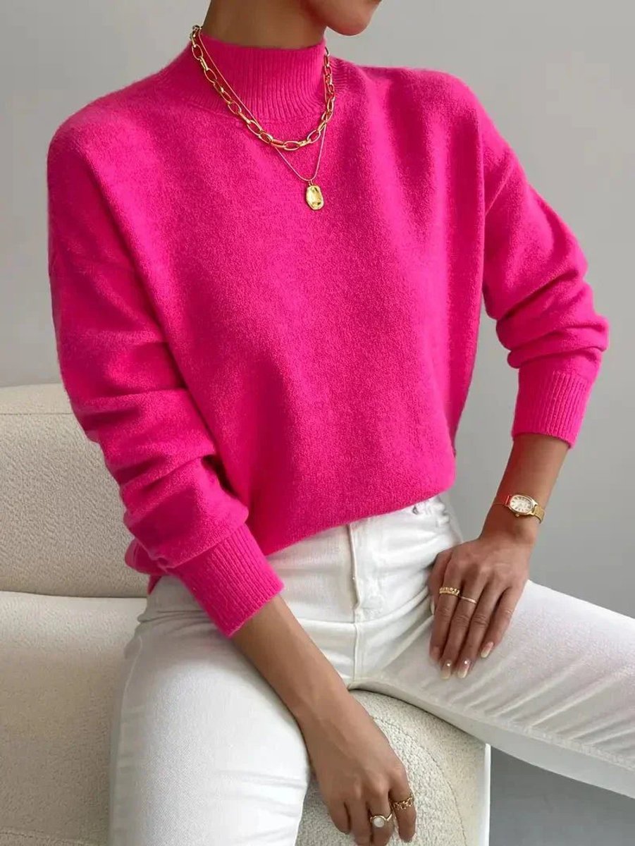 Women's Mock Turtleneck Relaxed-Fit Long-Sleeve Knit Sweater - Pink