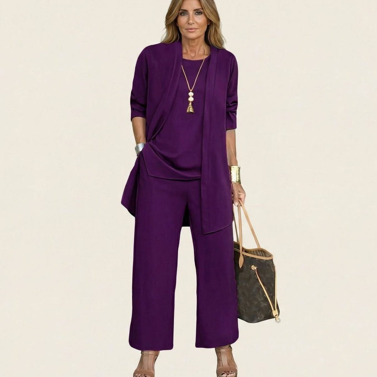 Women's Monochromatic Three-Piece Wide-Leg Trouser Co-ord Set - Purple