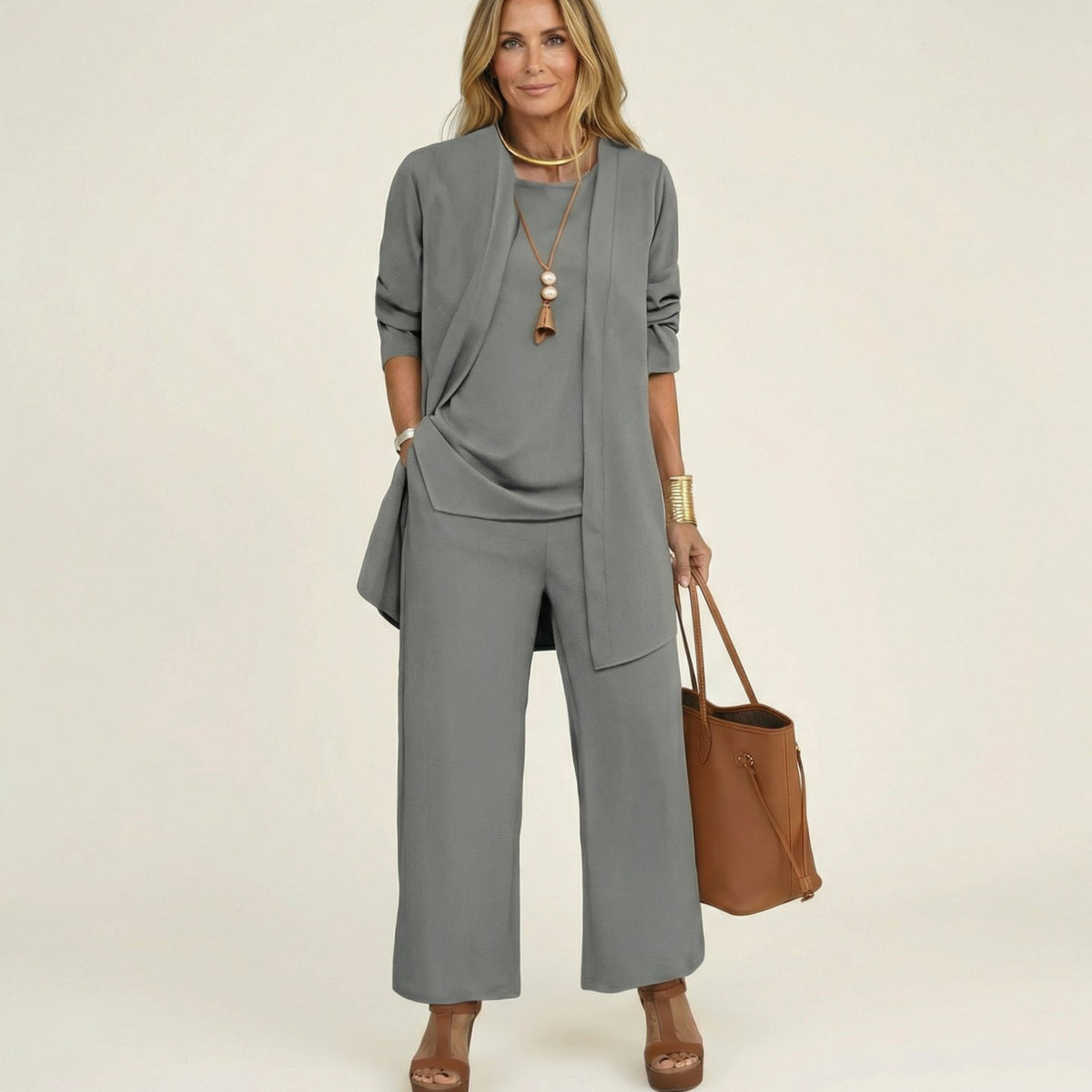 Women's Monochromatic Three-Piece Wide-Leg Trouser Co-ord Set - Grey